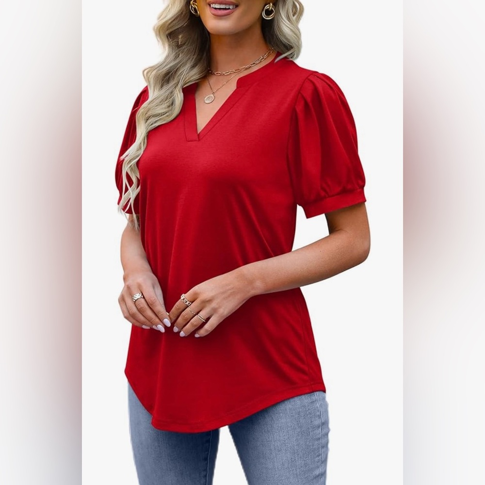 XXL New Red Ofeefan Women's Pleated Puff Sleeve V Neck Tunic Loose Curved Hem